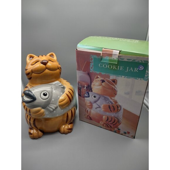 10" Orange Tabby Smiling Cat Holding Fish Ceramic Cookie Jar & Box, CKAO China - Picture 1 of 17